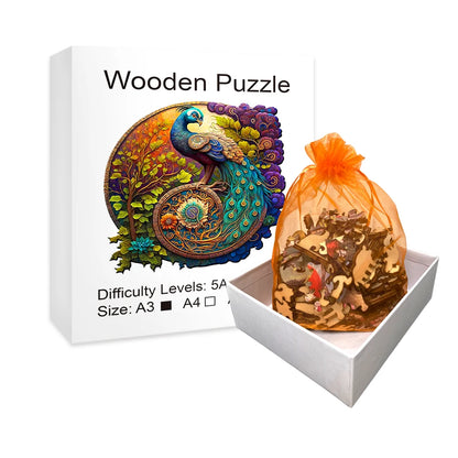 Puzzle en bois - Le paon majestueux et ses mille couleurs